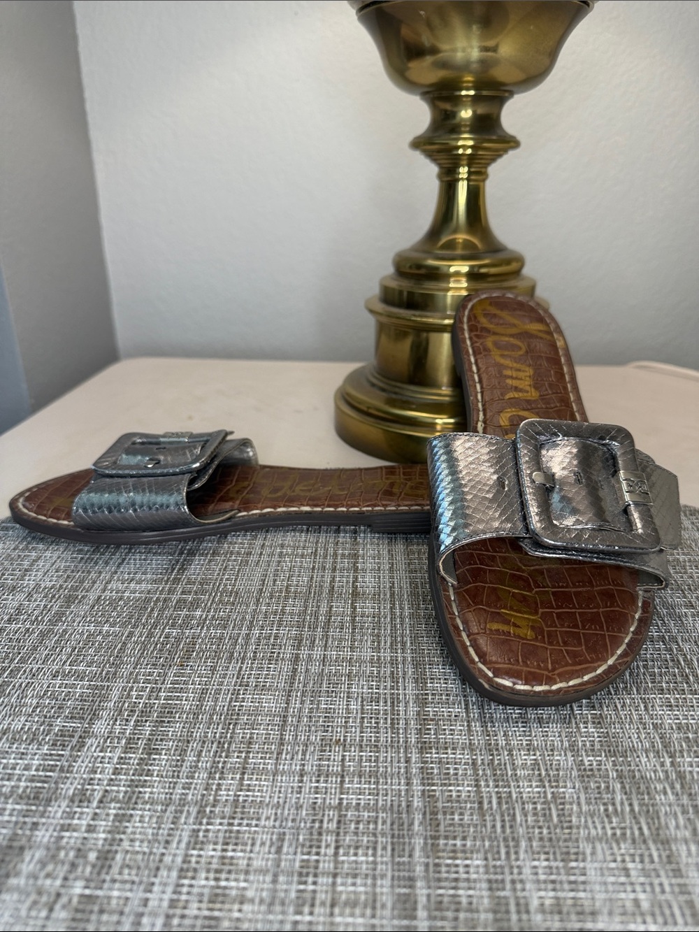 Metallic Silver Buckle Slide Sandals